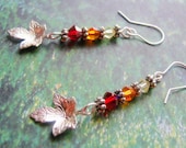 Autumn Handmade Sterling Silver Earrings Swarovski Crystals Fall Cololrs Leaf Charm - Lilacmoonjewelry