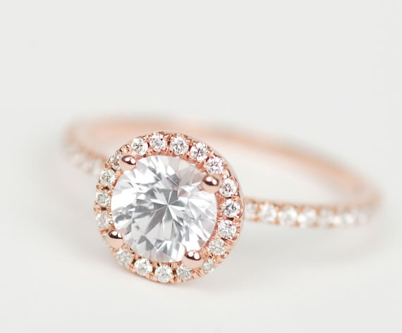 Certified Premium White Sapphire Diamond 14k Rose White or Yellow Gold Halo Engagement Ring