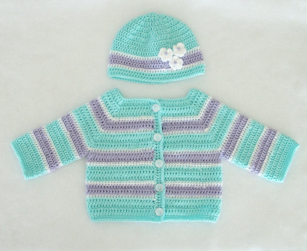 Crocheted Baby Girl Sweater/Hat Set in Mint w/ Lavender/White Stripes, 0M-3M