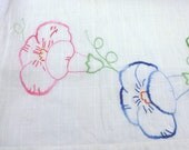 Vintage Linen Apron -  Embroidered Pink and Blue Morning Glory Floral Vine - Half Apron with Elastic
