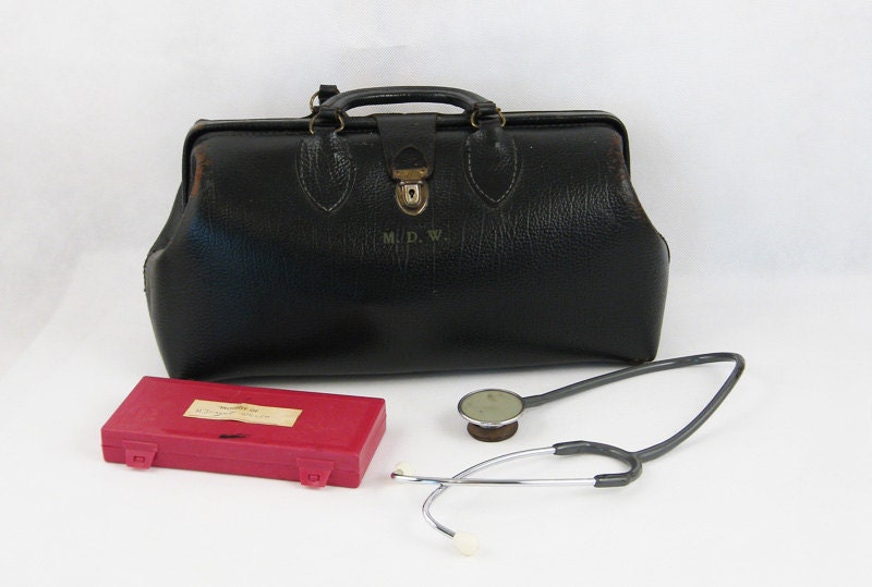 Vintage Lady Doctor Black Schell Pebbled Leather Medical Bag with Instruments