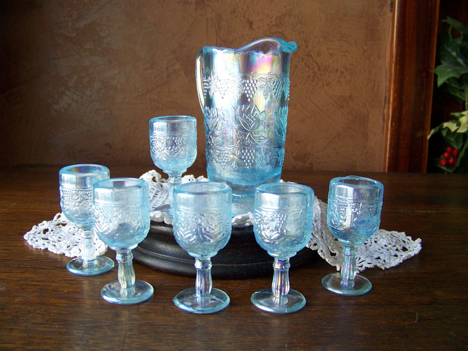 Vintage Carnival Glass Miniature Pitcher and Goblets