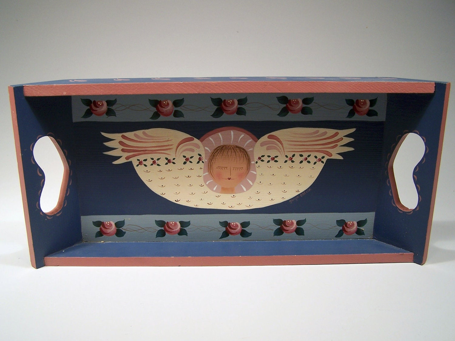 Wooden Serving Tray - Handpainted Folk Art Angel and Roses