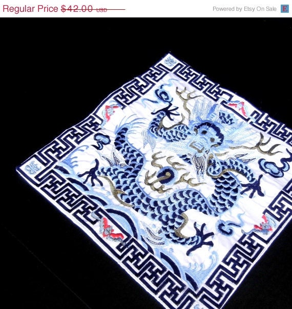 50% SALE Vivid Blue and White Dragon Machine Made CHINESE EMBROIDERY 10 1/2" Square Patch for your Interior Design or Sewing Projects / eb1