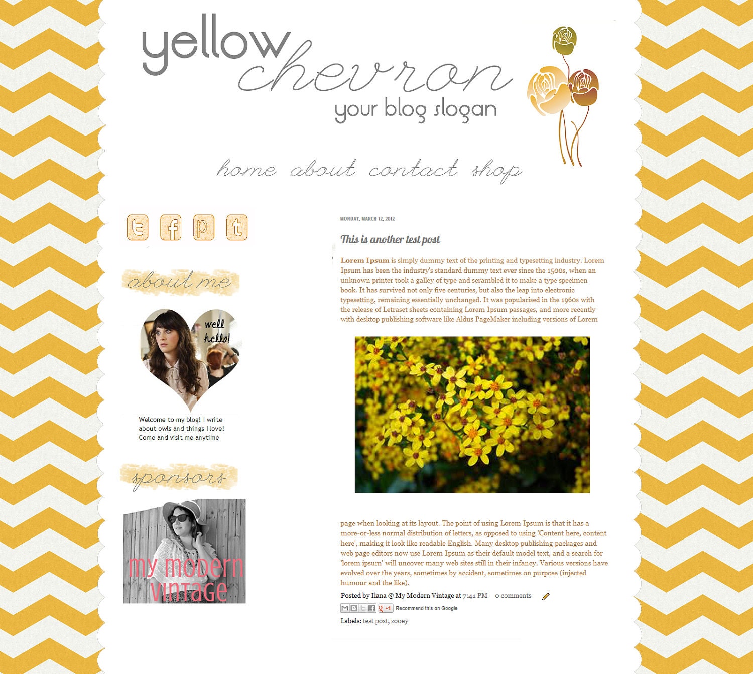 Yellow Chevron- Premade Blog Template for Blogger- Graphic Design - Installation Included