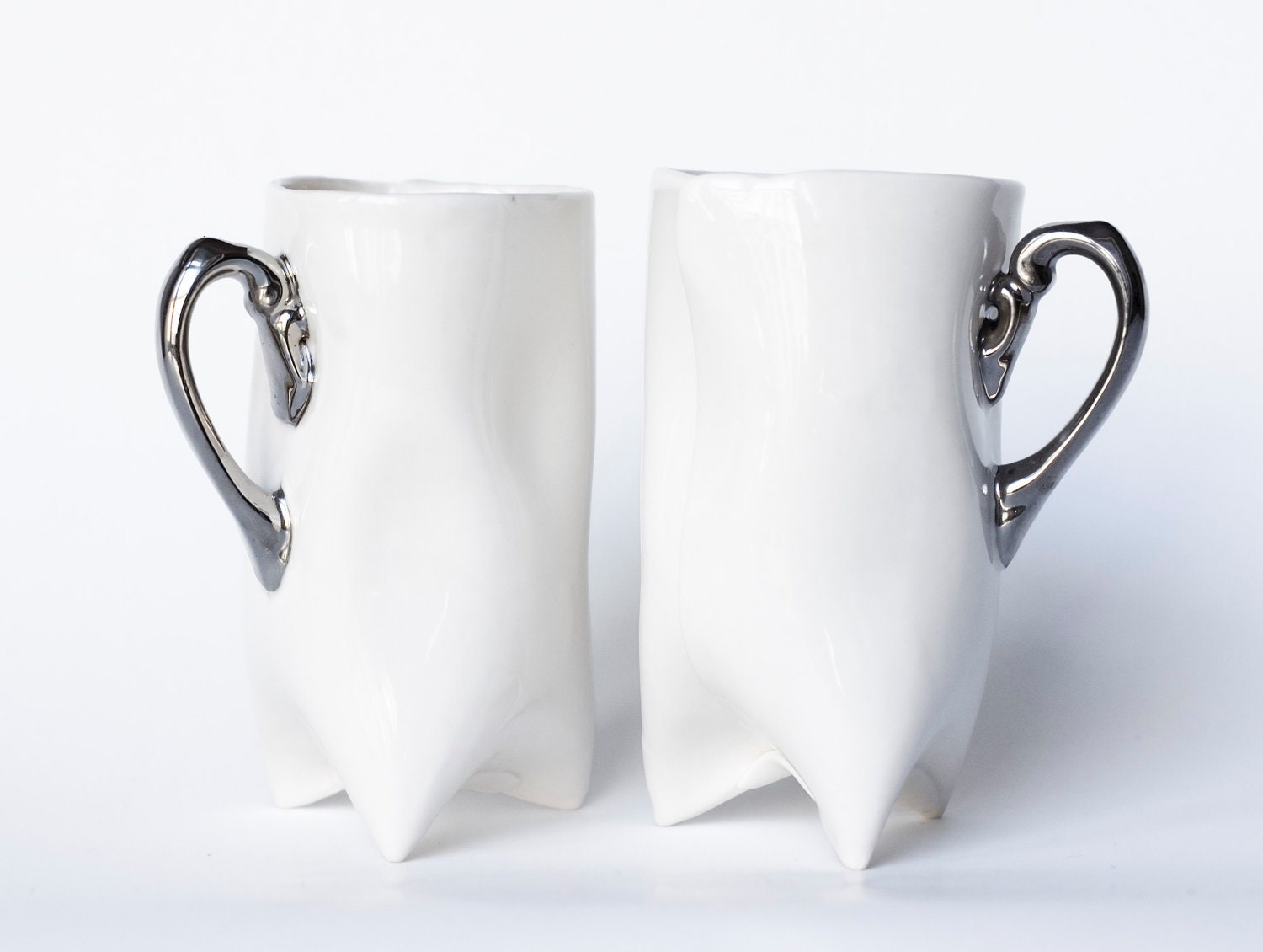 Ceramic porcelain cups set - white with silver, unique cups handmade for coffee or tea by Endesign