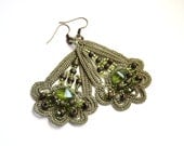 Chandelier Olive Green Tatted Beaded Dangle Earrings