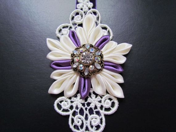 Velvet Headband with Kanzashi Snowflake and Rhinestone Brooch