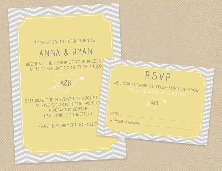 Printable Wedding Invite and RSVP Invitation Set Yellow and Grey Chevron Carved Initials