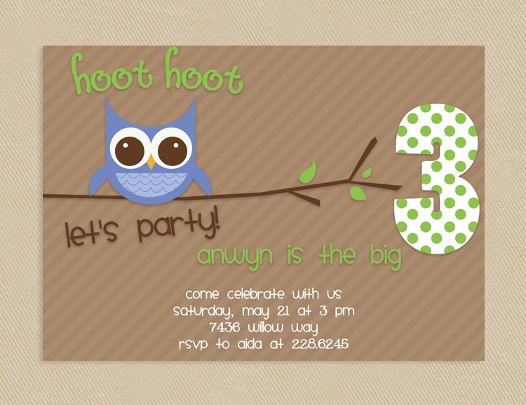 Printable Birthday Party Invitation 4x6 or 5x7 Hoot Hoot Owl