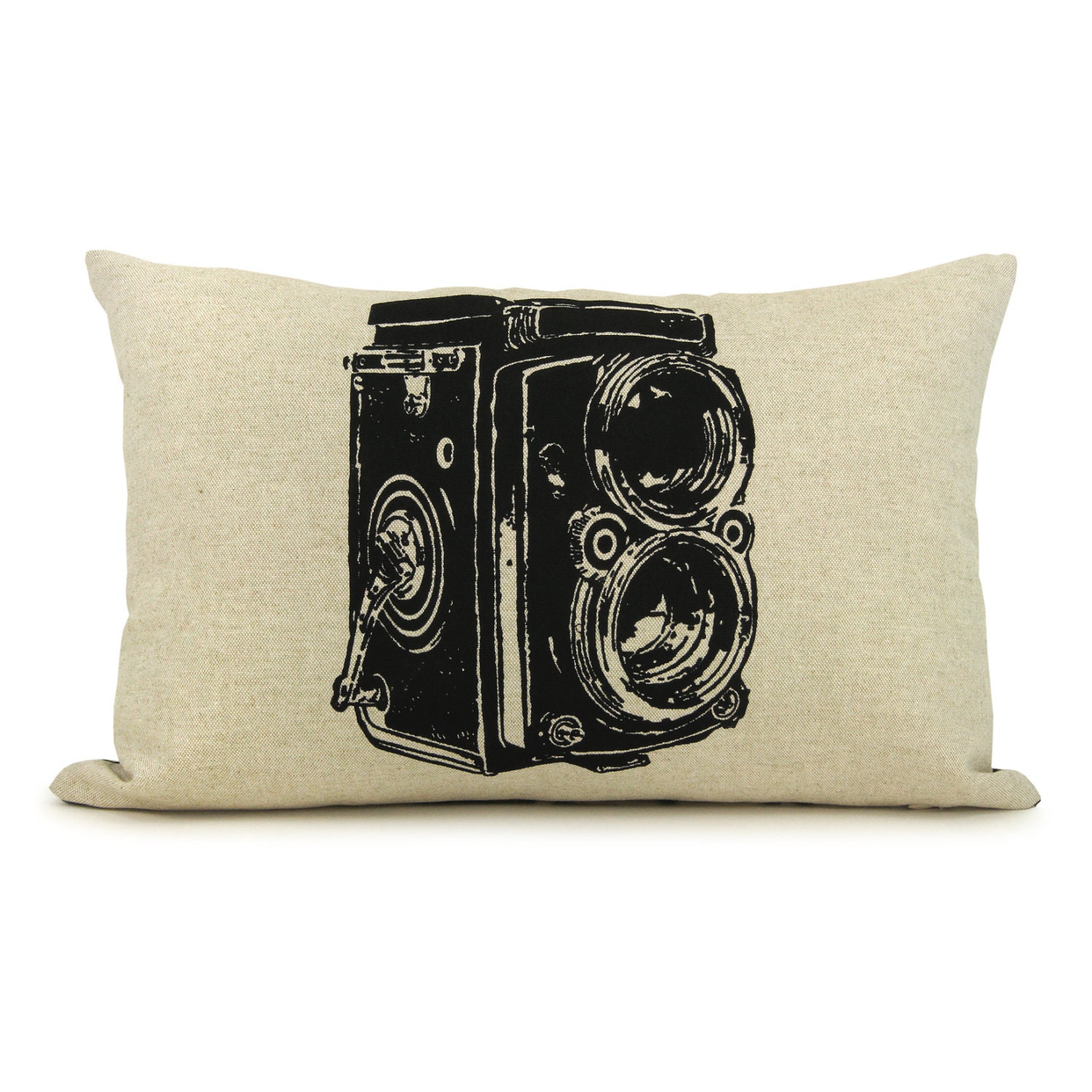 Camera pillow, Decorative throw pillow, Modern home decor, Lumbar pillow cover - 12x18 retro camera pillow cover in black and natural beige