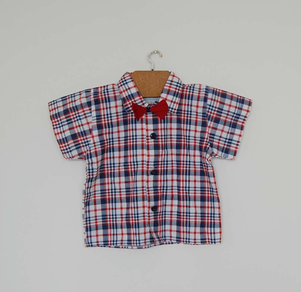 Vintage Red Blue and White Baby Boy Shirt with Bow Tie