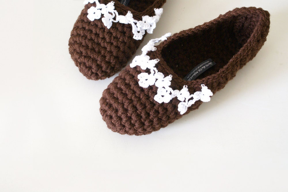 Crochet Slippers with Floral Mini Crochet Lace, Chocolate Brown & White