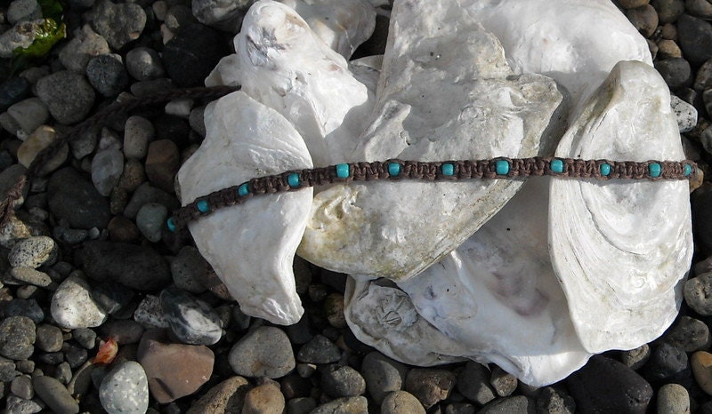 brown hemp anklet with blue beads