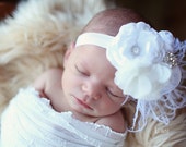 Infant Headband, Newborn Headbands, Baby Girl Flower Headband, Rosette Headband, Photo Prop / Snow White Rosette Baby Headband - lepetitejardin