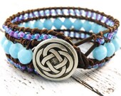 Light Blue and Purple Boho Celtic Leather Wrap Cuff Bracelet/ Easter Bracelet/ Elegant Modern Boho Chic/ Free Shipping