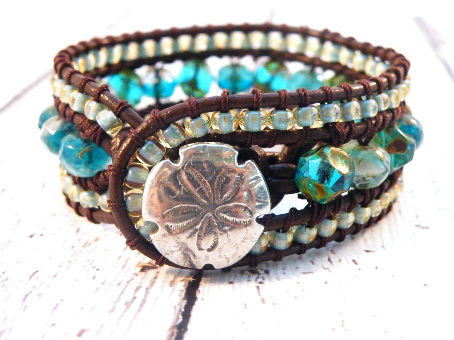 Aqua Leather Cuff Wrap Bracelet with SandDollar/ Tropical Ocean Glam/Summer/Luxe Boho Beach/ Free Shipping