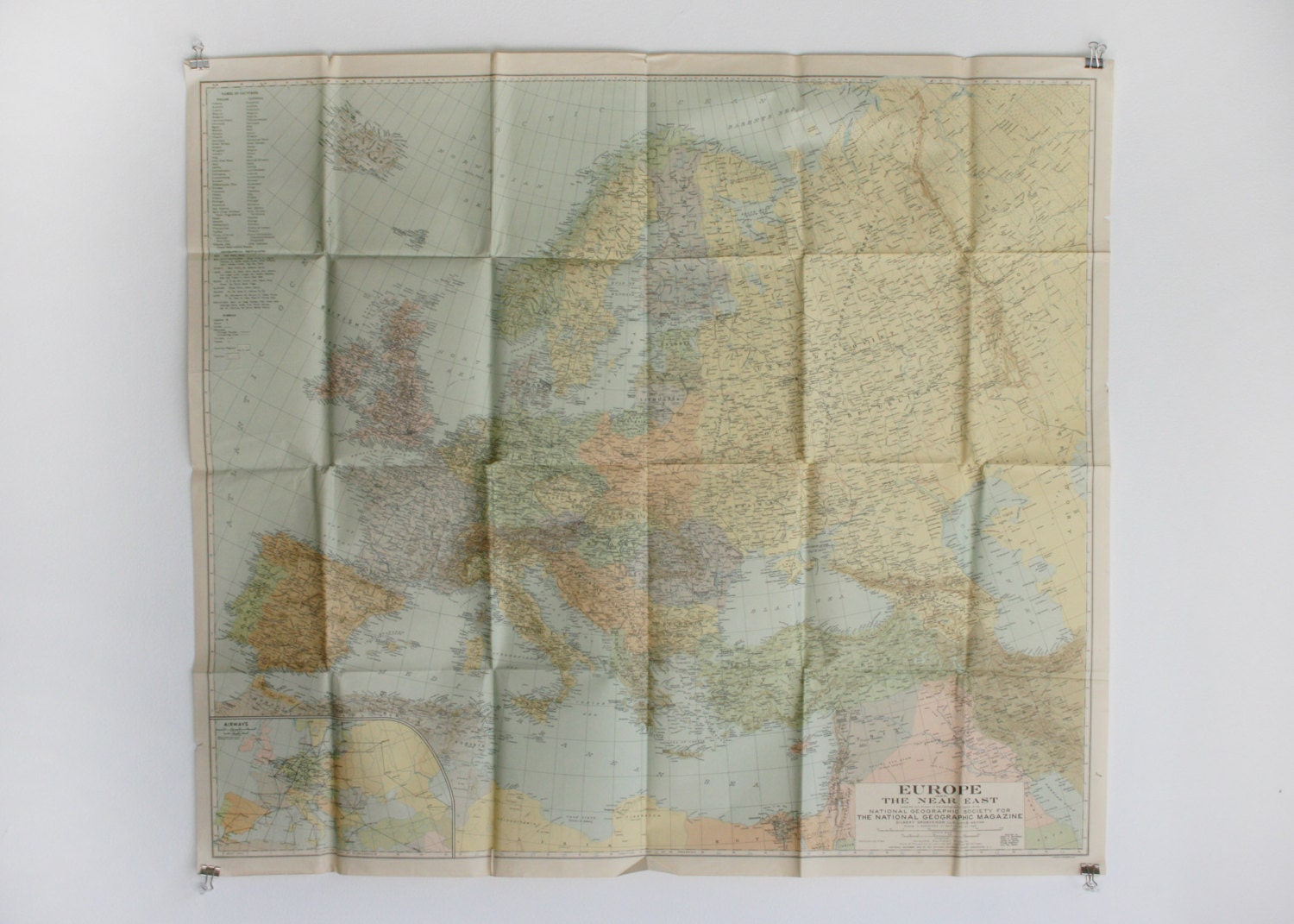 SALE - Antique 1929 National Geographic Large Fold-Out Map of Europe & The Near East