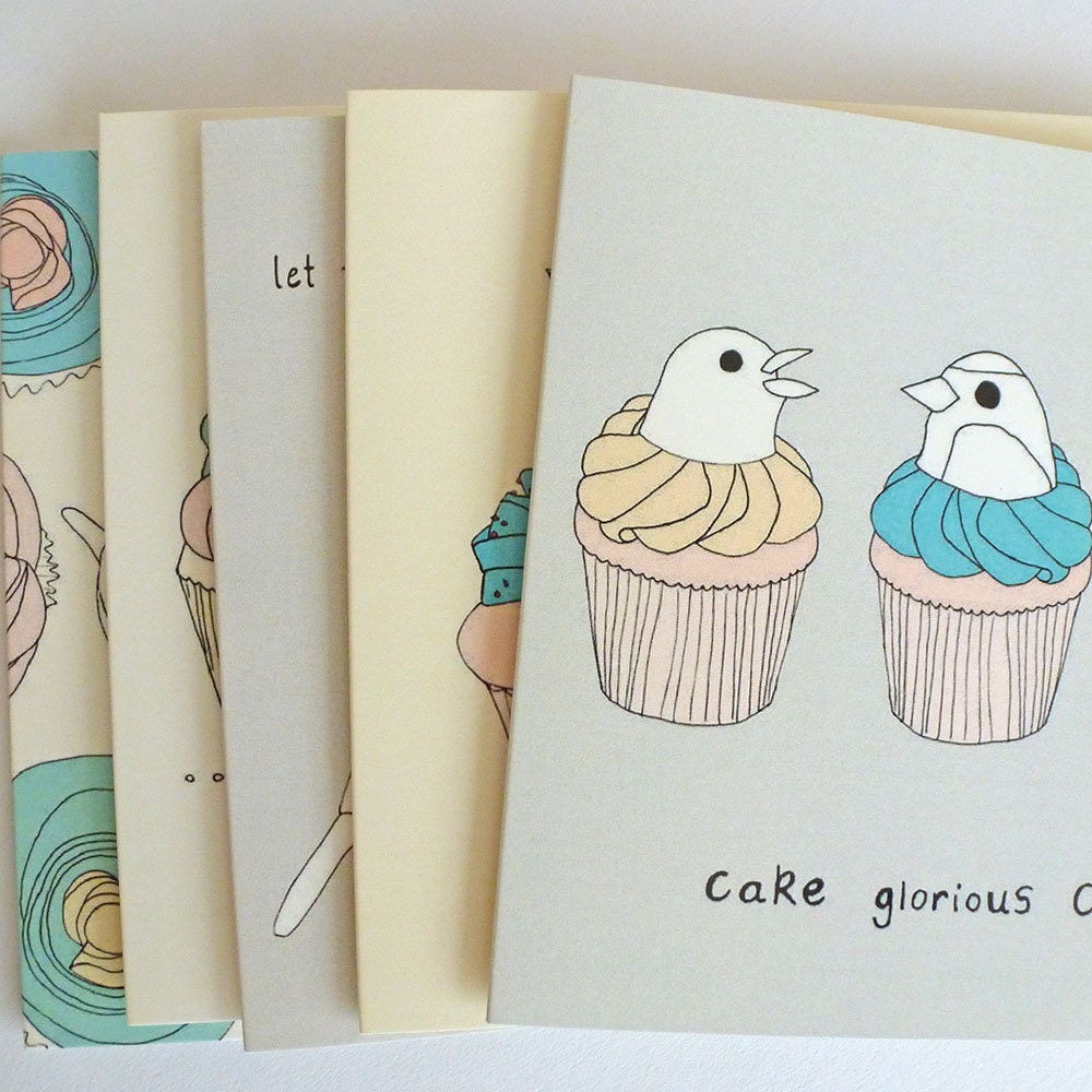 Bird and Cupcakes Birthday Cards set of five