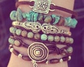 Turquoise Boho Leather Bracelet Stack - Featured in Vogue Magazine - Green Turquoise Bohemian Combo Includes 4 Bracelets - Double Wrap