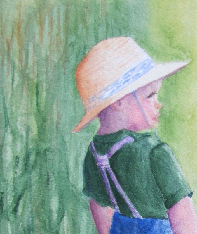 Boy Farmer, Barbara Rosenzweig, Art Print, Etsy, Reproduction of Original Watercolor Painting Autumn Cornfield