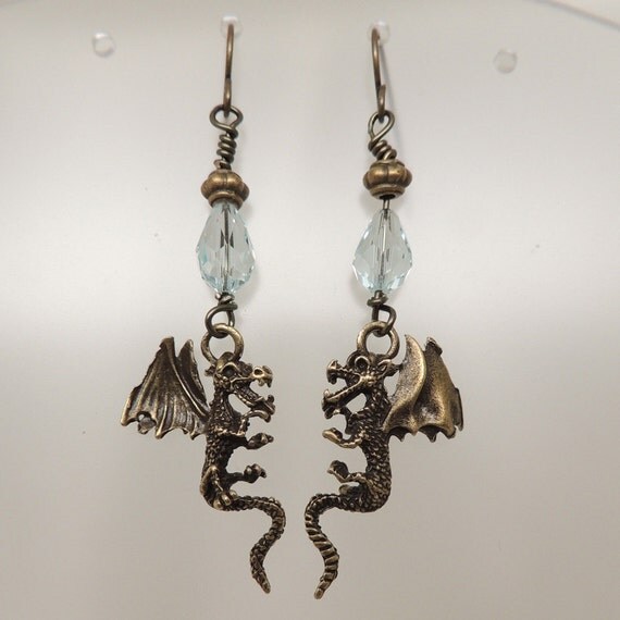 Bronze Dragon Earrings with Vintage Swarovski Crystals