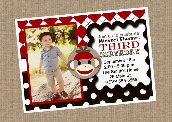 Sock Monkey Birthday Invitation with Photo Il_570xn