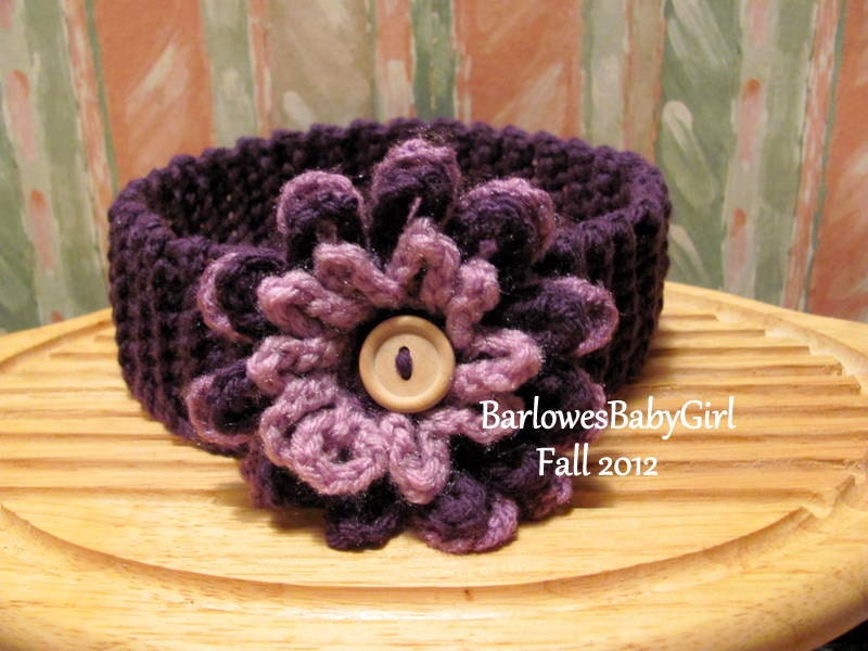 Buggs - Crochet Girls Headband w/ Three Tier Button On Flower in Purple, Orchid, and Lilac - 0-3 Months - 5T