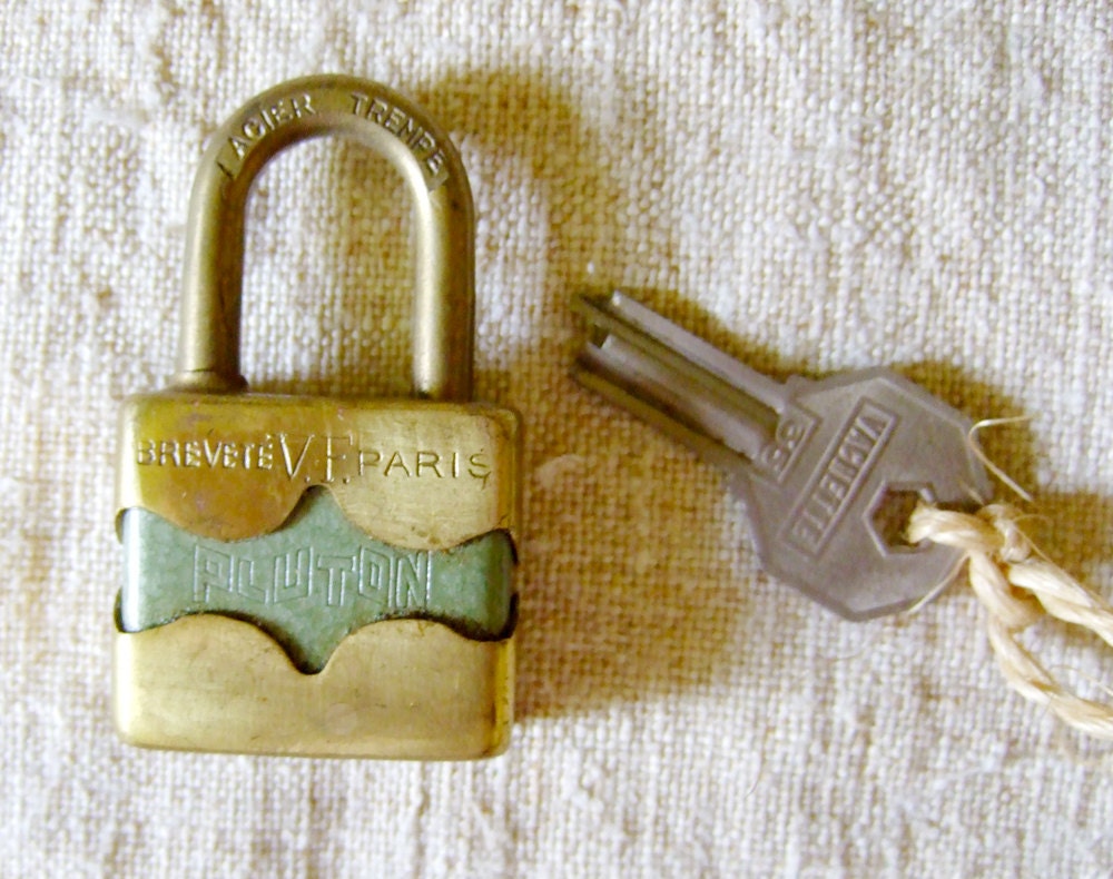 French Padlock green Stamp marked Paris with key Small padlock