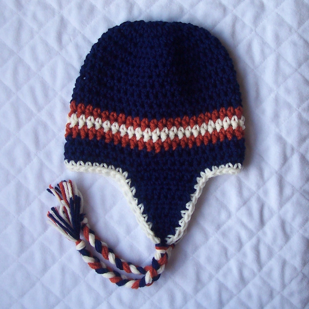 Striped Winter Earflap Hat Navy blue, Burnt Pumpkin, Cream - Newborn, baby, toddler, child size- colors customizable