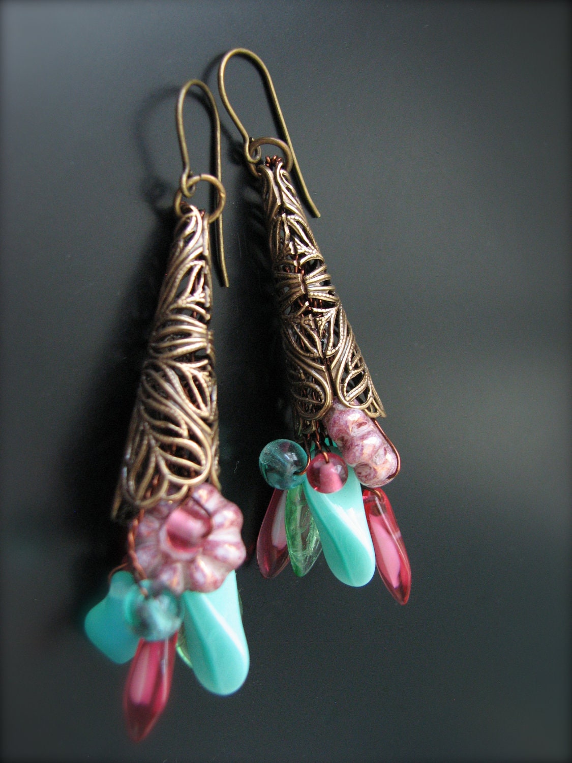 Bouquet Flowers Filgree Vintage Luxe Brass Cone with Czech Pressed Glass Earrings