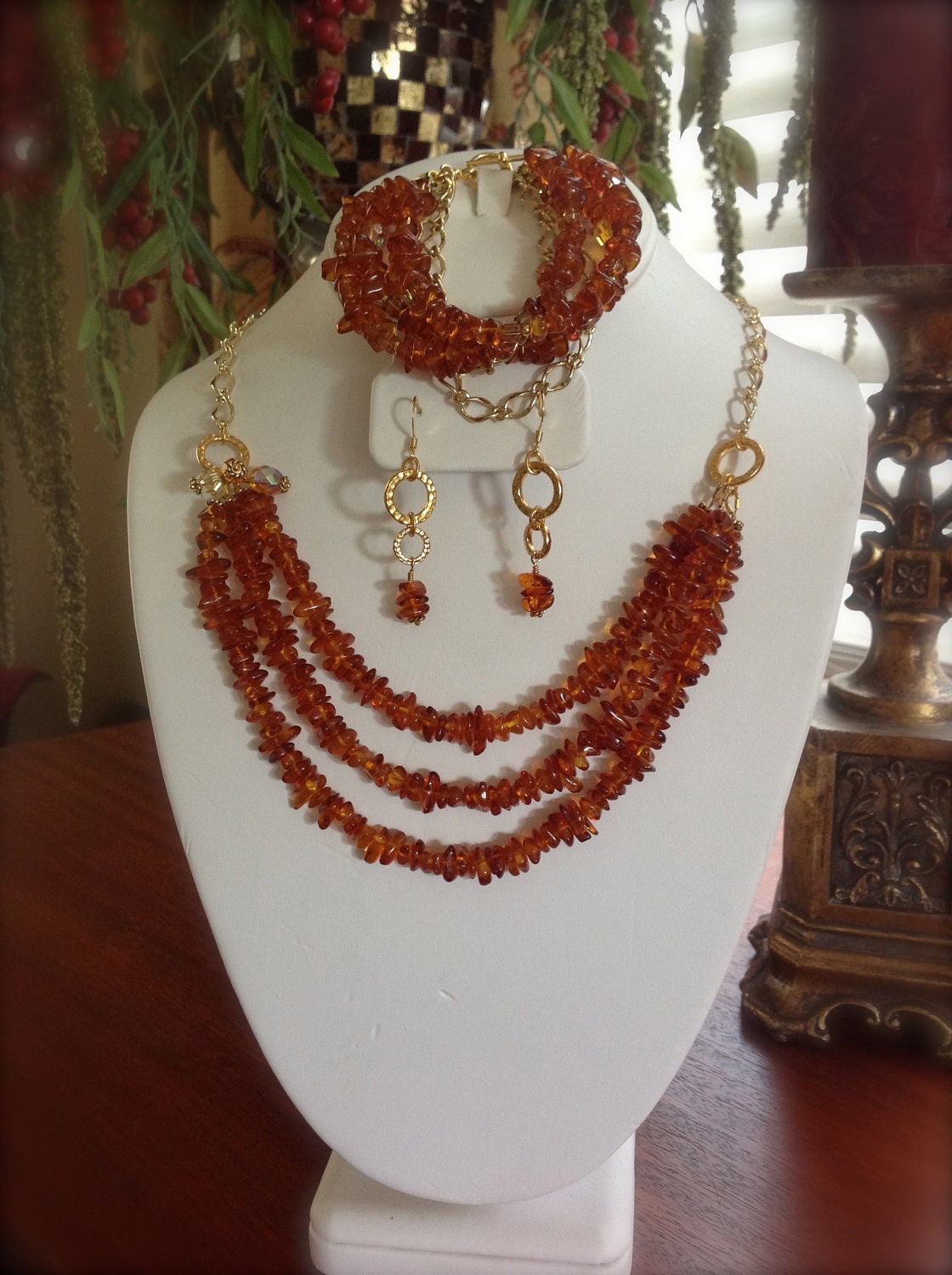 Amber Chip Triple Strand Necklace Bracelet Earrings Set in Gold Tone 3 Piece Set