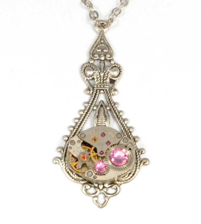Steampunk Jewelry Necklace Steam Punk Vintage Watch Necklace Pink Antique Silver Victorian Steam Punk Jewelry by VictorianCuriosities