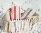 Set of 2-Turkishtowel-Soft-High Quality,Bamboo, Bath,Beach,Pool,Spa,Yoga Towel or Sarong-Mathing Natural Cream and Coral Red-Blue