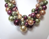 Pearl Cluster Necklace -"Fall Apples" in Green, Burgundy and Gold - Chunky, Choker, Bib, Necklace, Wedding, Bridal, Bridesmaid, Prom - CreationsbyCynthia1