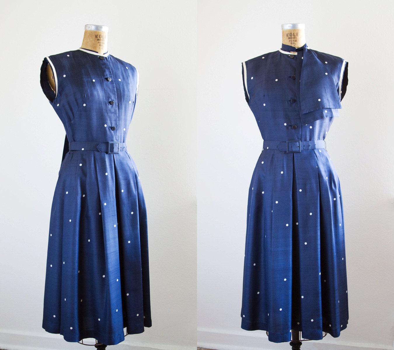 1950s Dress - 50s Dress - Navy Silk Polka Dot Dress