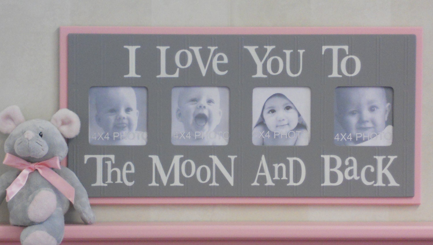Pink Gray Nursery - I Love you to the Moon and Back - Pastel Pink and Grey Nursery Wall Art Baby Sign 4x4 Picture Frame