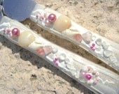 Beach wedding cake serving set, hand decorated with star fish, wedding knife set in pink and white