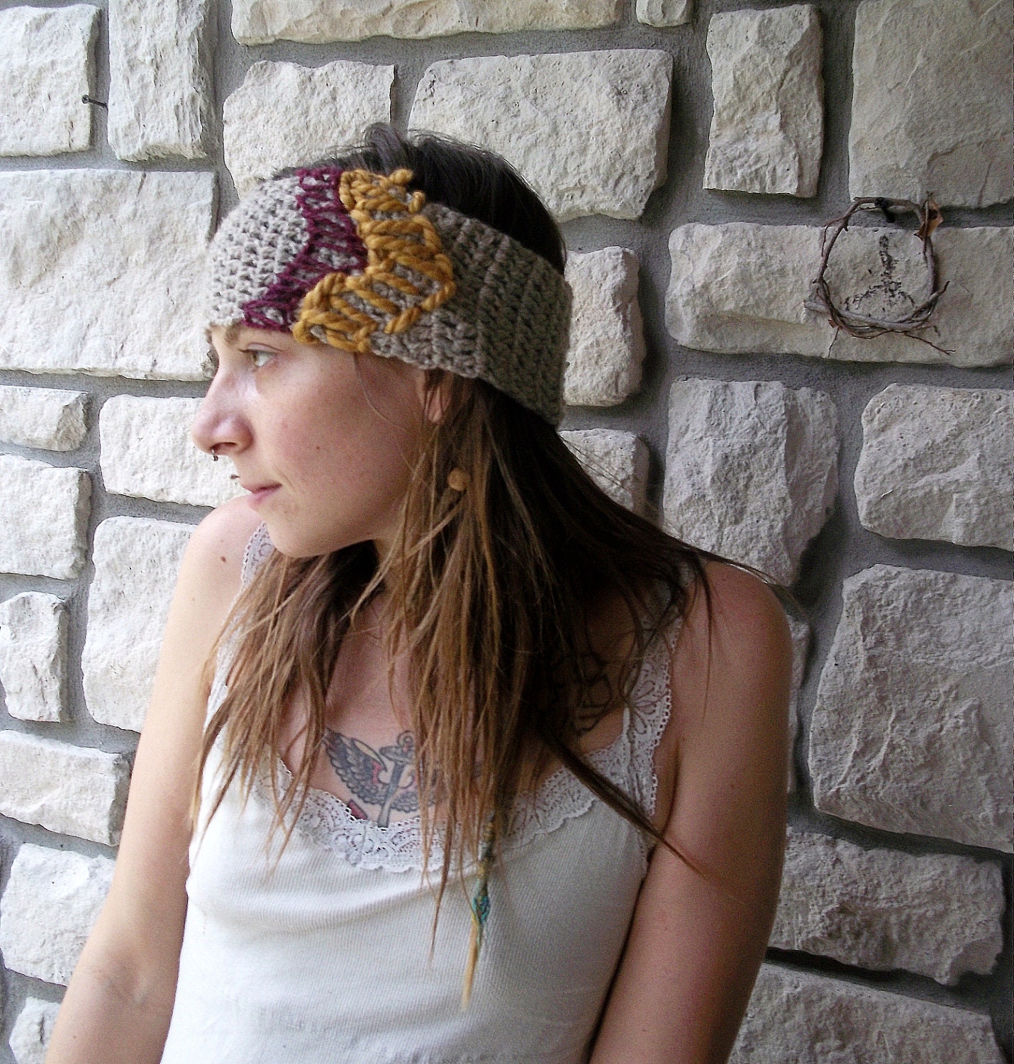 Tribal Chevron Headband in Wool / Mustard and Grey Hippie Ear Warmer / Earwarmer