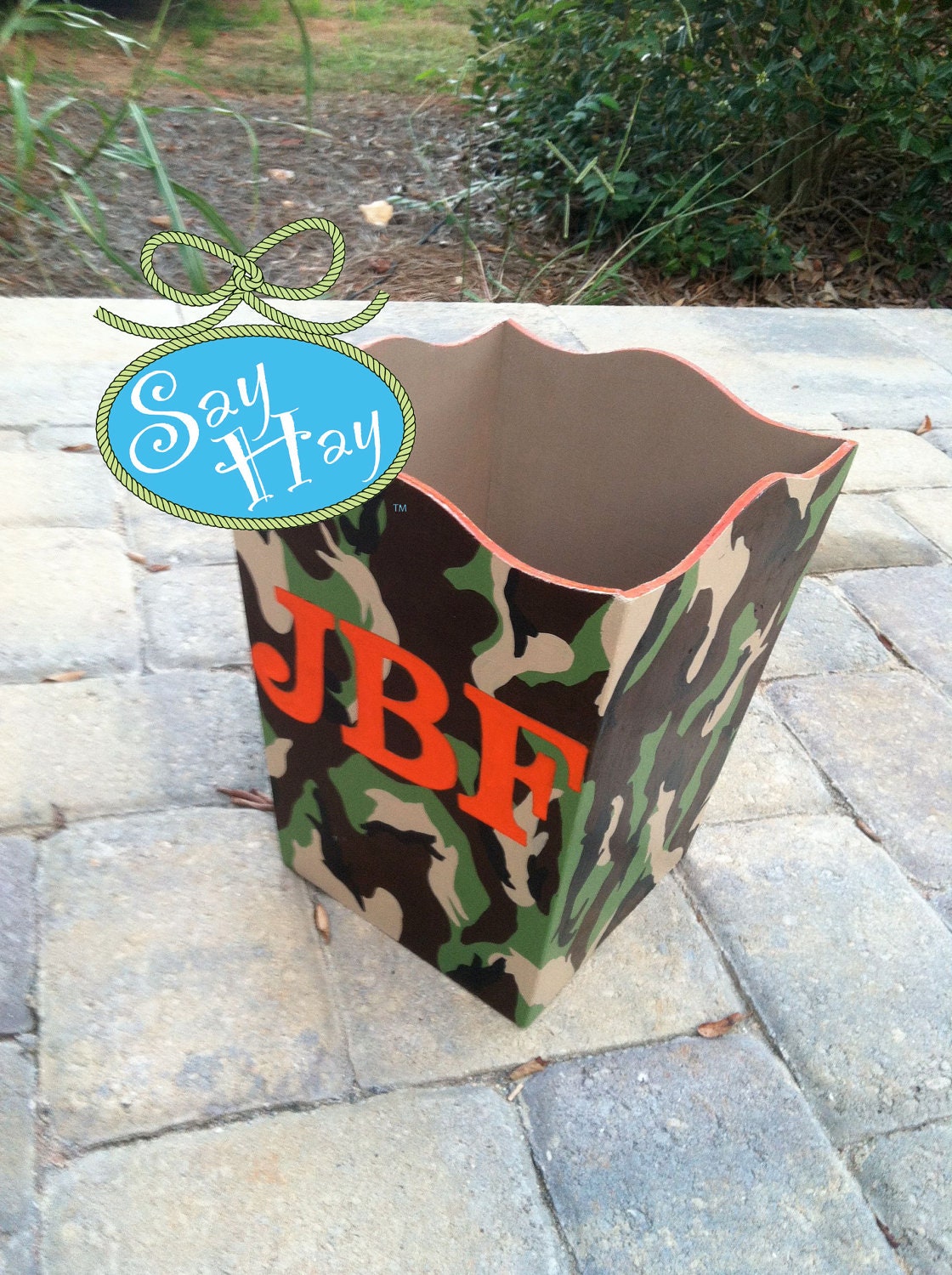 Hand-painted Monogram Wastebasket inspired by Lilly Pulitzer or other print