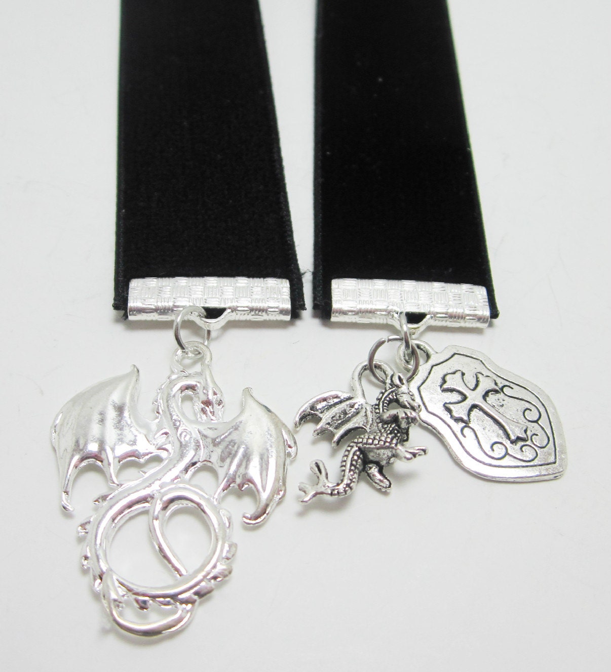 Silver Dragon and Shield Charm Black Velvet Ribbon Bookmark