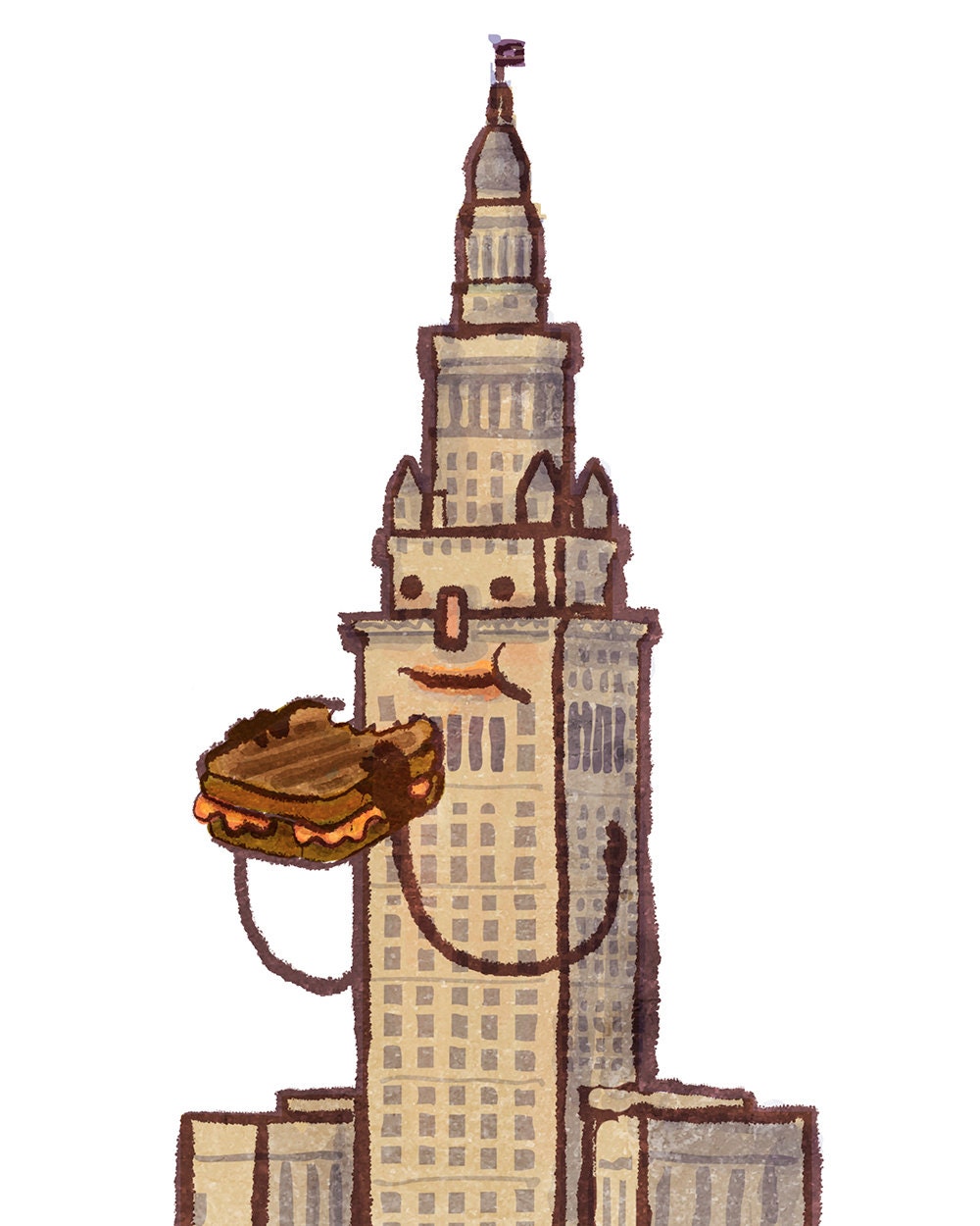 Terminal Tower eating a grilled cheese sandwich.