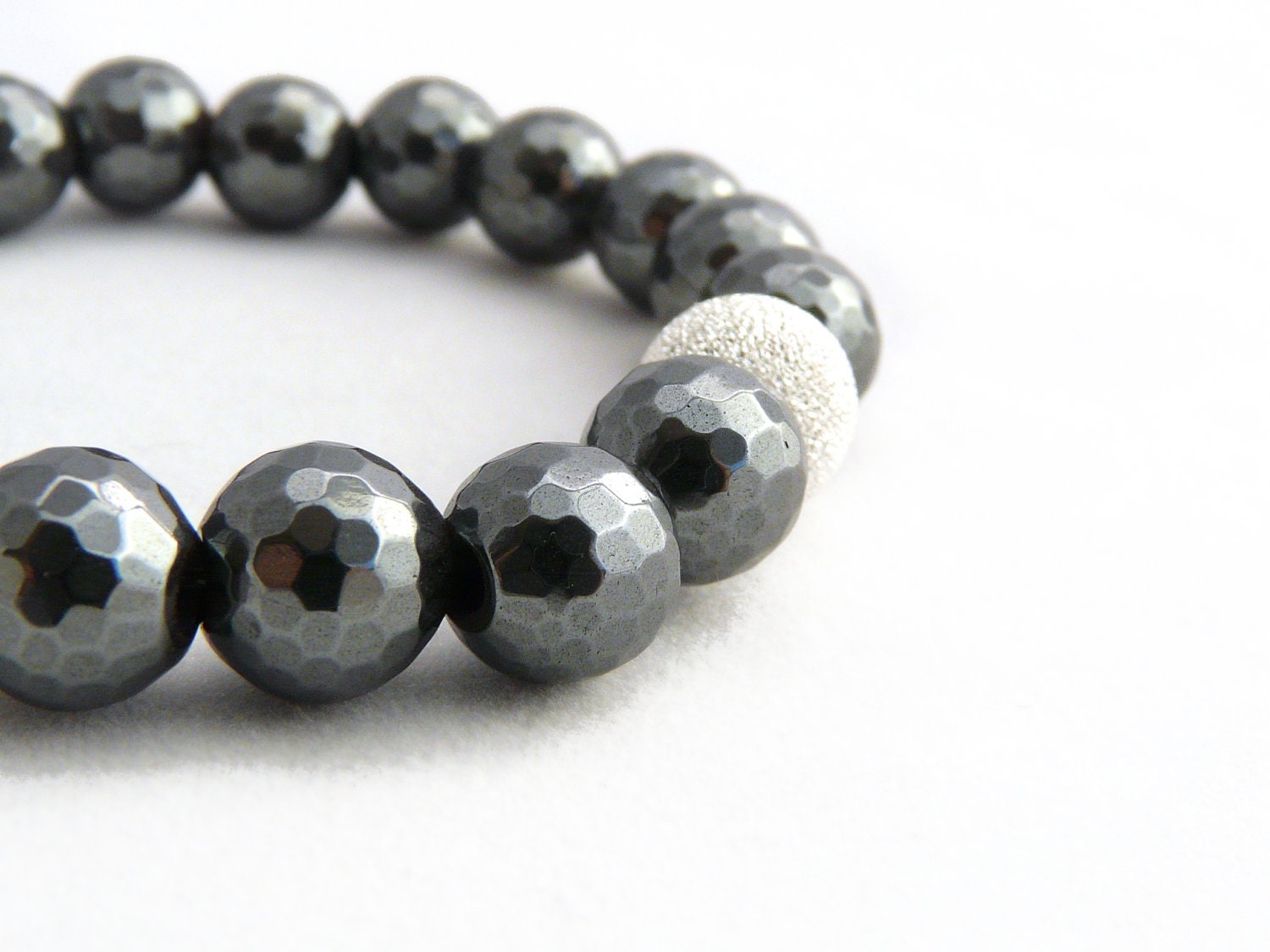 sparkly hematite bracelet with sterling silver stardust bead. steel gray. urban. metallic slate grey. simple. - stonesartisanjewelry