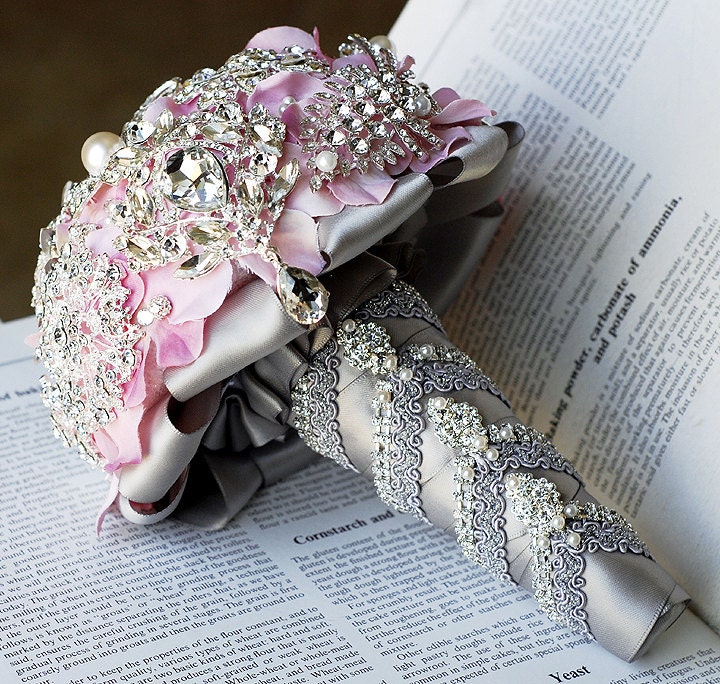 SALE Luxury Vintage Bridal Brooch Bouquet - Pearl Rhinestone Crystal - Silver Light Blush Pink Grey - Ready To Ship - BB018LX