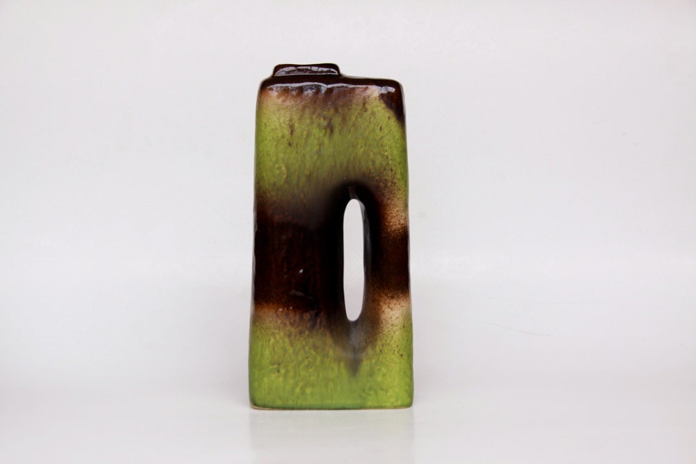 Vintage Tall Green/ Brown German Architectural Vase  (2) - West Germany  60s