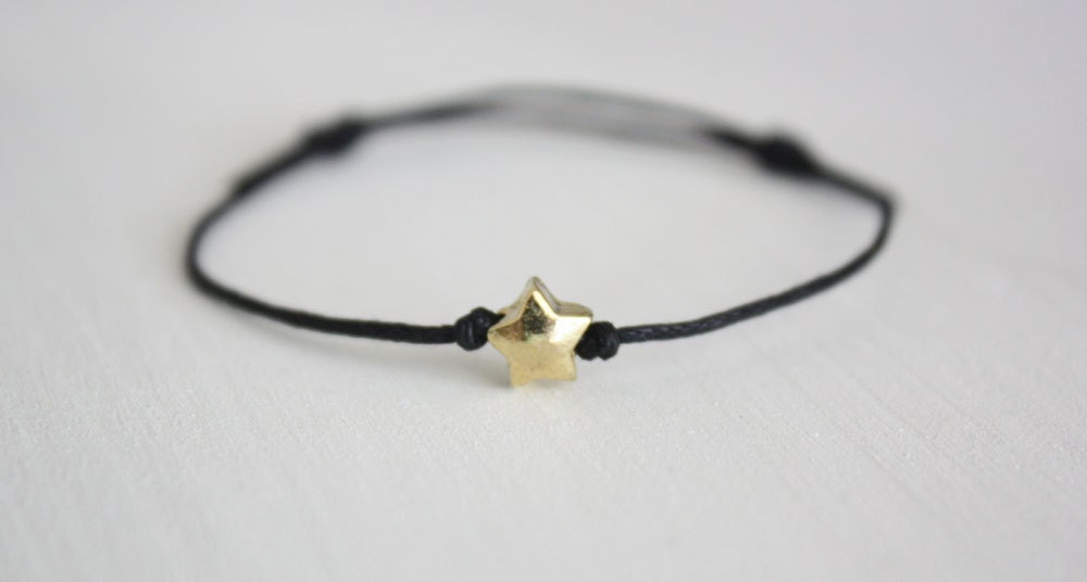Gold Star Wish Bracelet or Anklet, Gold Puffy Star, Black Waxed Cotton Cord