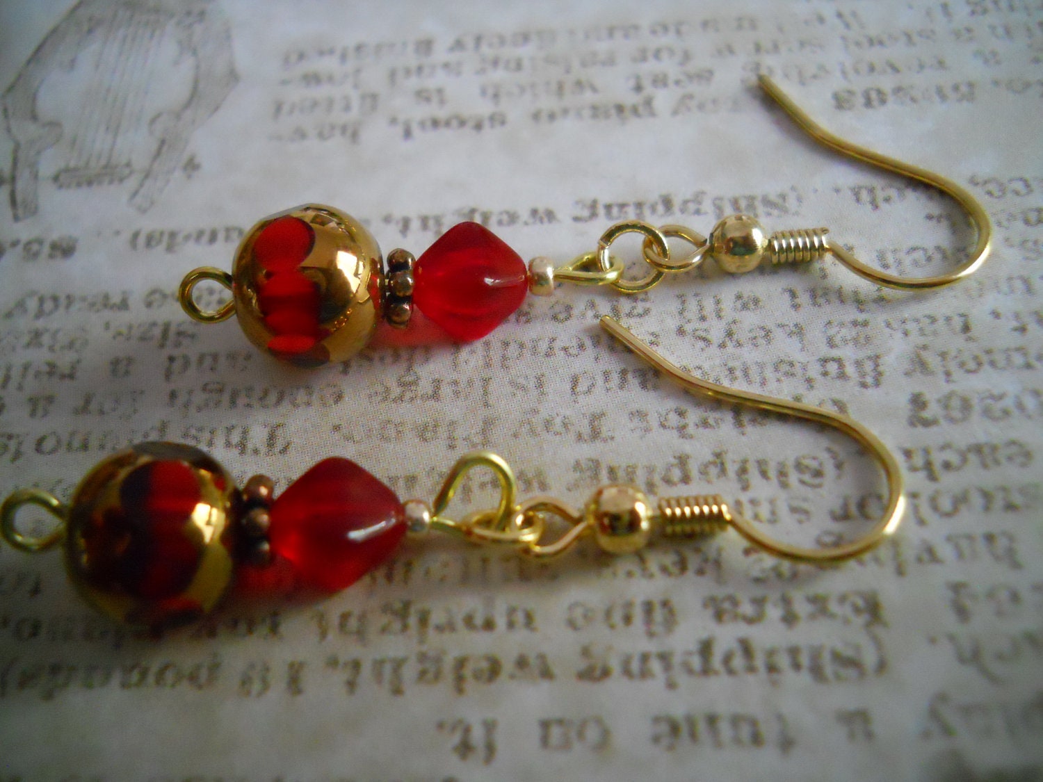 Dangle Red Glass Earrings Scarlet Ruby Bright Copper Czech Beaded Jewelry