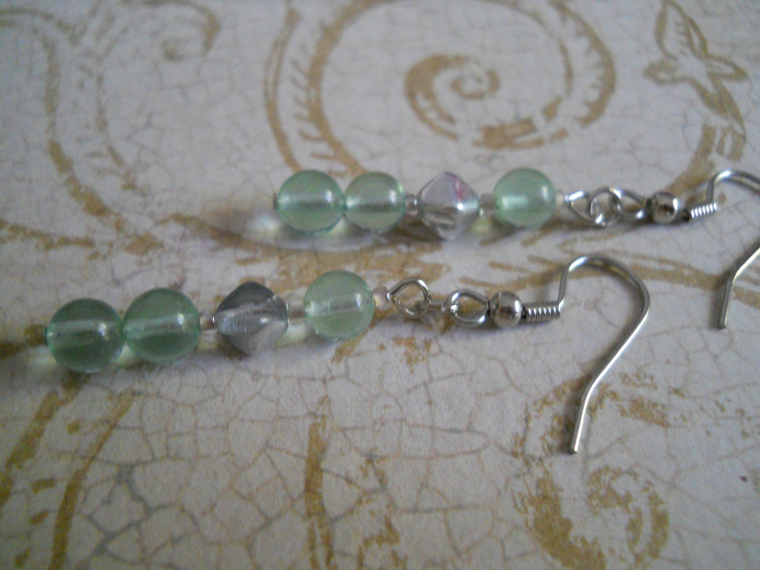 Ivy Green Dangle Earrings Silver Gray Light Grey Czech Glass Beaded Jewelry