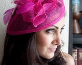 Fuchsia Fascinator - "Penny" Mesh Hat Fascinator with Mesh Ribbons and Fuchsia Feathers