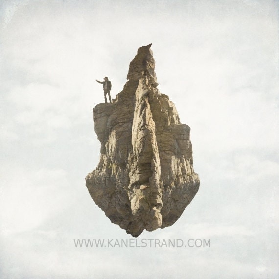 Fantasy art print, surreal photography, flying rock and a man, While my guitar gently weeps, home decor - 8x8